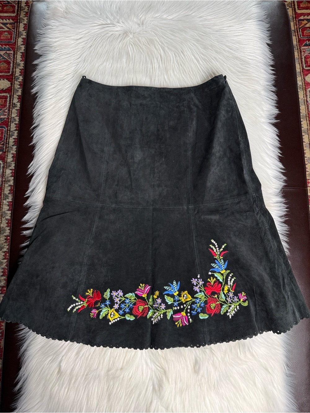 Pendleton Vintage Black Suede A-Line Floral Embroidered Midi Skirt NWT 12